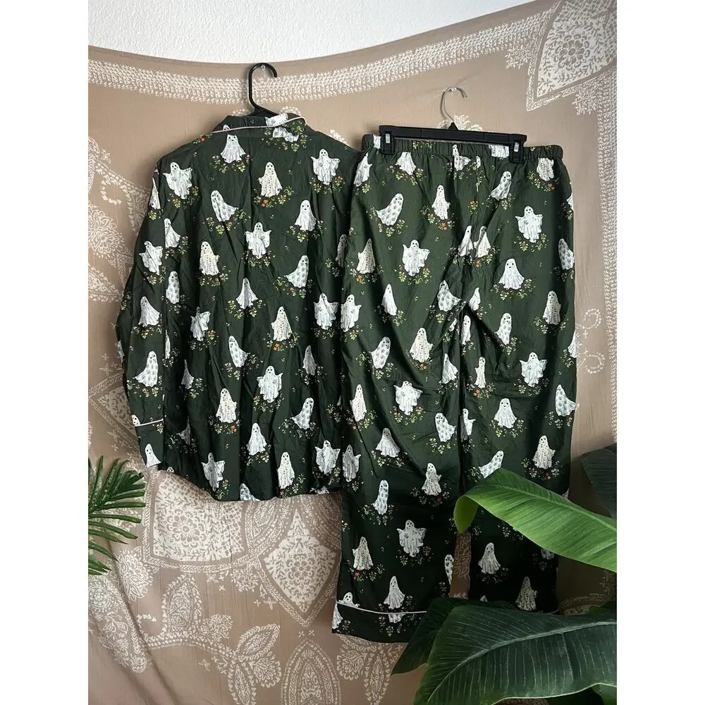 Printfresh Gardening Ghosts Long PJ Set Overgrown Moss Green M